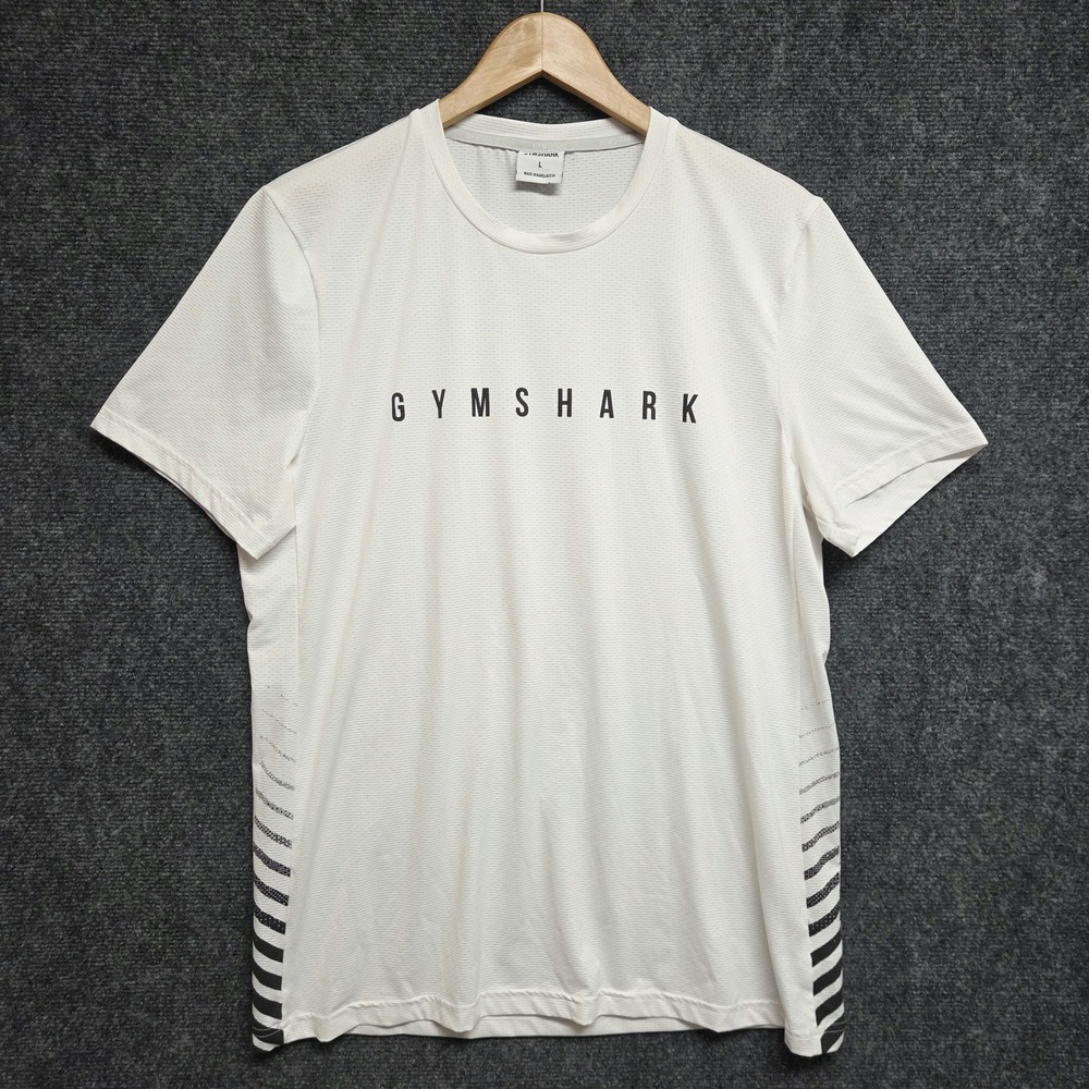 Gymshark Shirt Mens Large White Sport Stripe Crewneck Athletic Slim Fit Tee
